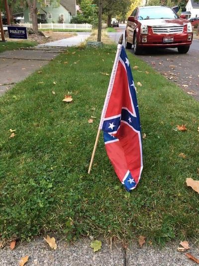 David and Corene Cohen’s yard was one of several staked with a Confederate flag around 4 a.m. Thursday, along with a letter claiming Democrats are racist.  (Shawn Keenan)