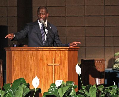 Mayor Andrew Gillum addresses supporters and urges that they keep politically engaged as the Broward County of Supervisor of Elections Office have five days to recount cast votes over an entire month leading up to Tuesday’s midterm election. Gillum held a faith-based recount rally inside New Mount Olive Baptist Church in Fort Lauderdale, Fla., on Sunday, Nov. 11, 2018. (Carl Juste / AP)