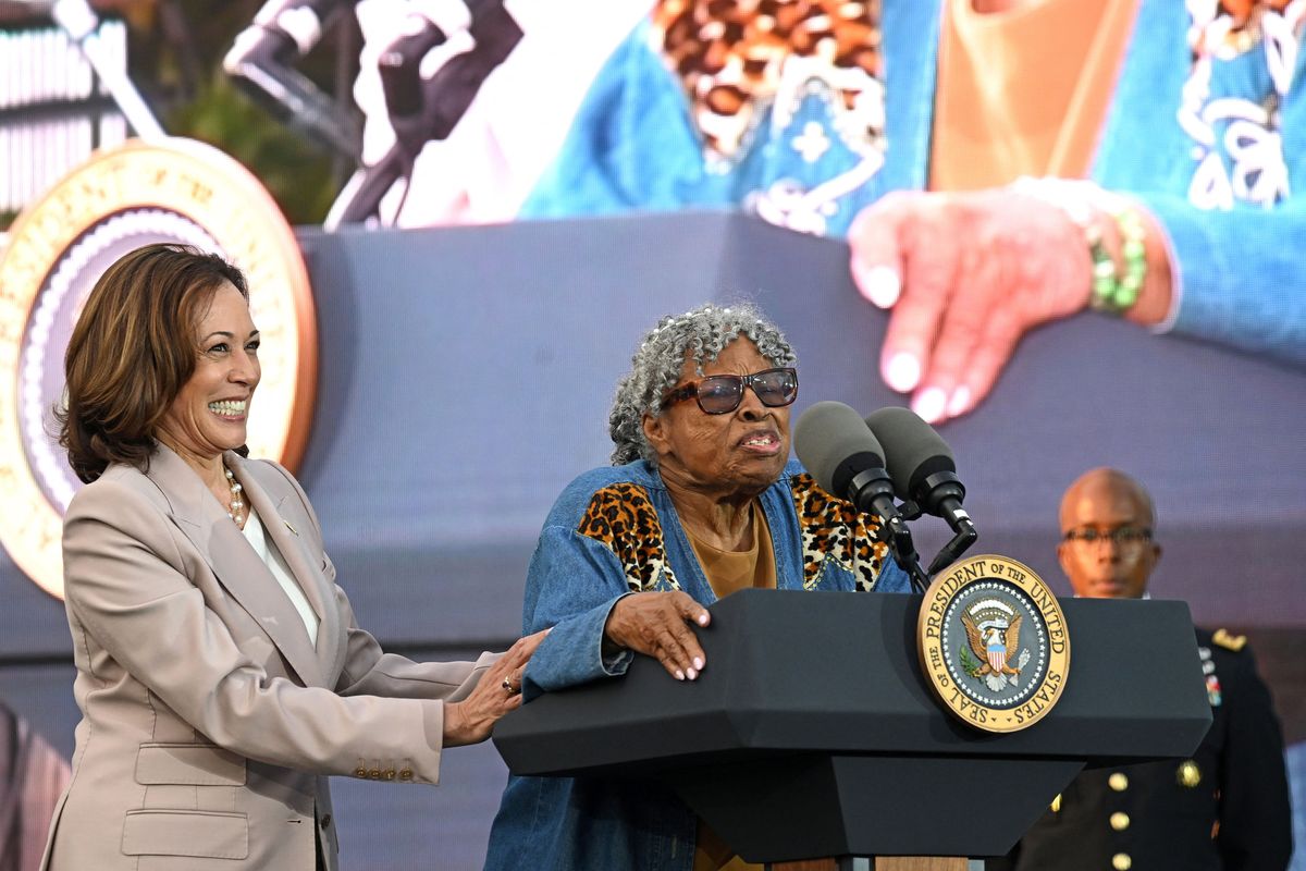 U.S. teacher and activist Opal Lee, center, speaks alongside Vice President Kamala Harris prior to a Juneteenth concert on the South Lawn of the White House on Tuesday in Washington, D.C.  (Andrew Caballero-Reynolds/AFP via Getty Images/TNS)