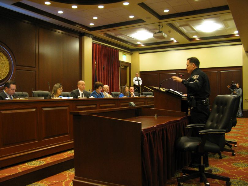 Cpl. Casey Hancuff of the Boise Police testifies in favor of two anti-marijuana resolutions at a Senate State Affairs Committee meeting on Wednesday morning. (Betsy Russell)
