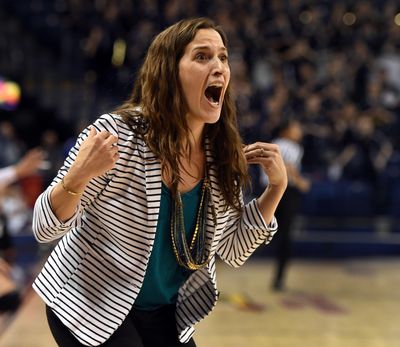 Gonzaga women’s basketball coach Lisa Fortier has seen her team lose five of its last six games and is considering a change in the starting lineup. (Colin Mulvany / The Spokesman-Review)