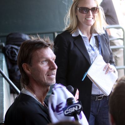 Simulated game has Randy Johnson talking activation. (Associated Press / The Spokesman-Review)