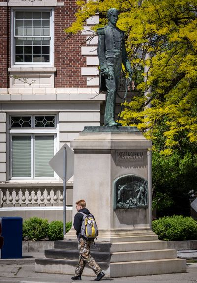 The Spokane City Council approved a resolution Monday to move forward with the removal and transfer of the Monaghan statue currently located in front of the Spokane Club at the intersection of Monroe Street and Riverside Avenue in downtown Spokane. (COLIN MULVANY)