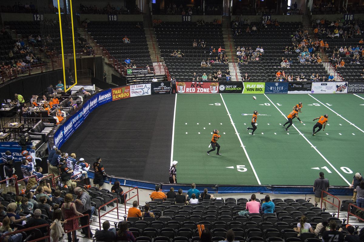 The Spokane Empire take the opening kickoff against the Colorado Crush in front of a sparse crowd, May 26, 2017, in Spokane Arena. (Dan Pelle / The Spokesman-Review)