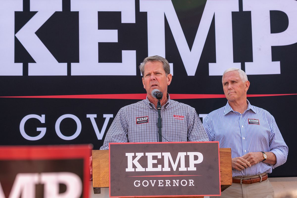 Gov. Brian Kemp campaigns with the support of former Vice President Mike Pence in Cumming on Tuesday, Nov. 1, 2022.    (Arvin Temkar/The Atlanta Journal-Constitution/TNS)