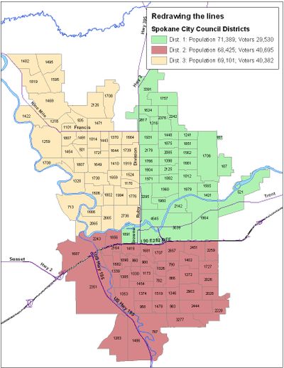 This map was developed for a June 26 story on council redistricting. (Jim Camden/The Spokesman-Review)