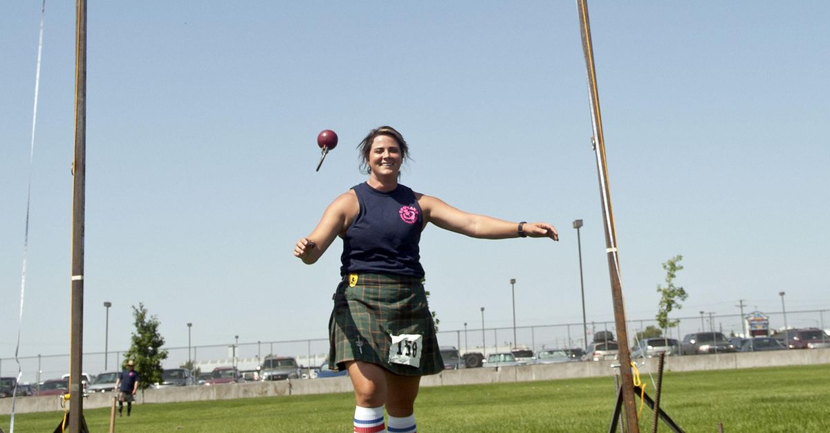 Kristine Rothwell reacts after her throw during competition at the Spokane Scottish Highland Games on Saturday, August 3, 2019 at the Spokane County Fairgrounds. (Kathy Plonka / The Spokesman-Review)