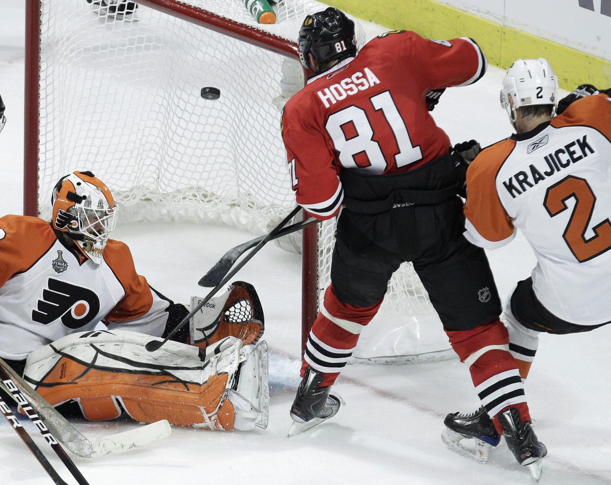 Chicago Blackhawks right wing Marian Hossa started the scoring against Philadelphia Flyers goalie Michael Leighton in the second period of Game 2. (Associated Press)