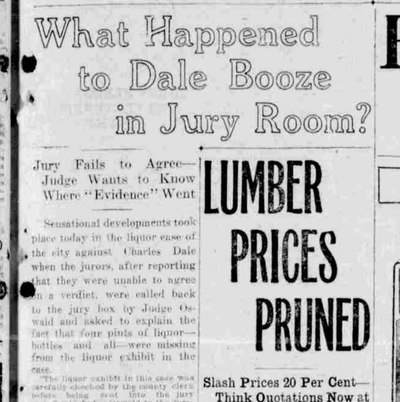 Four bottles of liquor were missing following jury deliberations in a bootlegging case that took place Dec. 14, 1920.  (S-R archives)