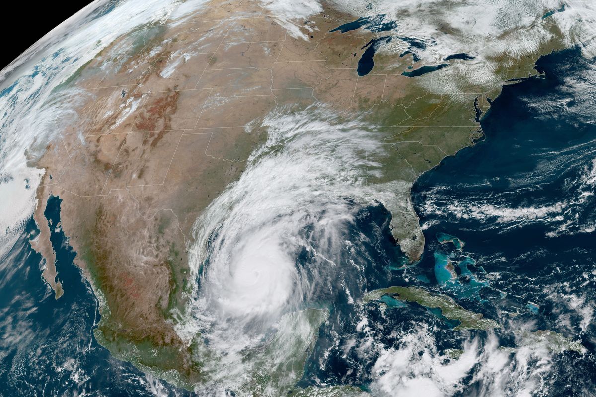 This Oct. 8, 2020 photo made available by the National Oceanic and Atmospheric Administration shows Hurricane Delta in the Gulf of Mexico at 12:41 p.m. EDT. Delta, gaining strength as it bears down on the U.S. Gulf Coast, is the latest and nastiest in a recent flurry of rapidly intensifying Atlantic hurricanes that scientists largely blame on global warming.  (HOGP)