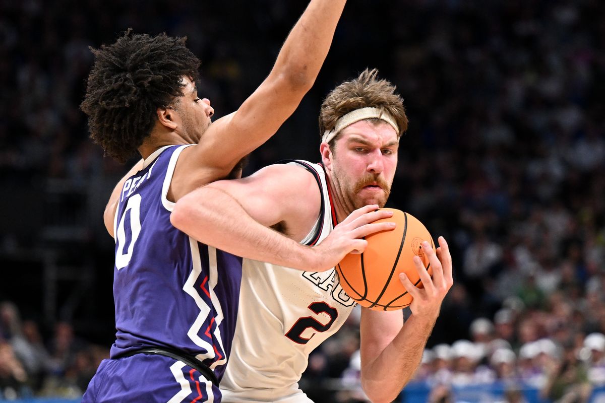 Gonzaga forward Drew Timme drives against TCU during an NCAA Tournament game on March 19, 2023, at Ball Arena in Denver.  (Tyler Tjomsland/The Spokesman-Review)