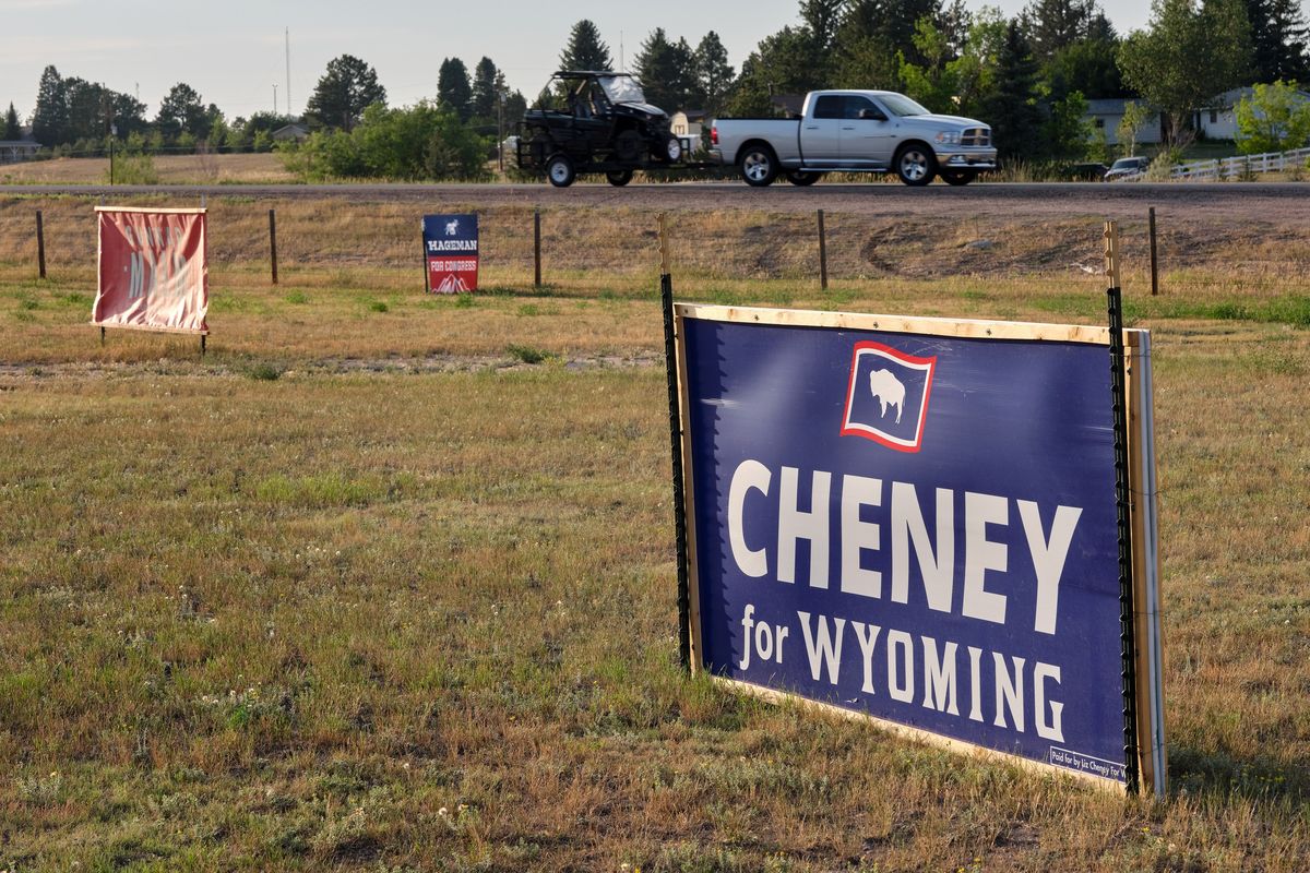 A campaign sign for Rep. Liz Cheney (R-Wyo.) in Cheyenne, Wyo., Aug. 5, 2022. Cheney says her crusade to stop former President Donald Trump will continue -- even if she loses her primary next week. (Stephen Speranza/The New York Times)  (STEPHEN SPERANZA)