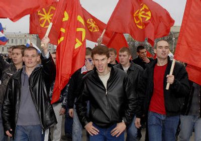 
Nationalists mark  National Unity Day  in central Stavropol, southern Russia, on Saturday. Right-wing groups used the   new holiday to proclaim the superiority of ethnic Russians. 
 (Associated Press / The Spokesman-Review)