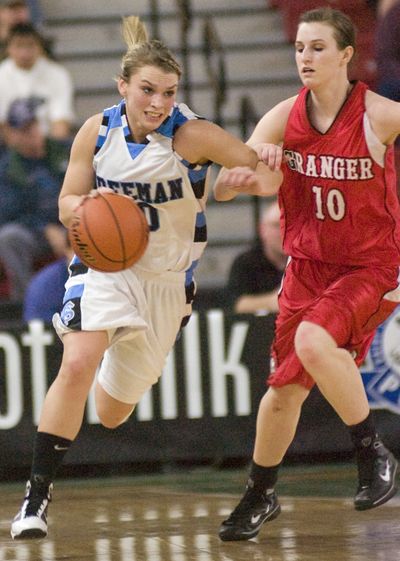 Freeman’s Korina Baker drives past Granger’s Emily Carpenter on Saturday.  (Associated Press)