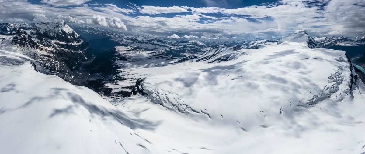 The massive Columbia Icefield is the pinnacle of North American watersheds, the only place in North America feeding water into the Arctic, Atlantic and Pacific watersheds. This section drains into the Bush River, a tributary of the Columbia River.  (Courtesy of David Moskowitz)