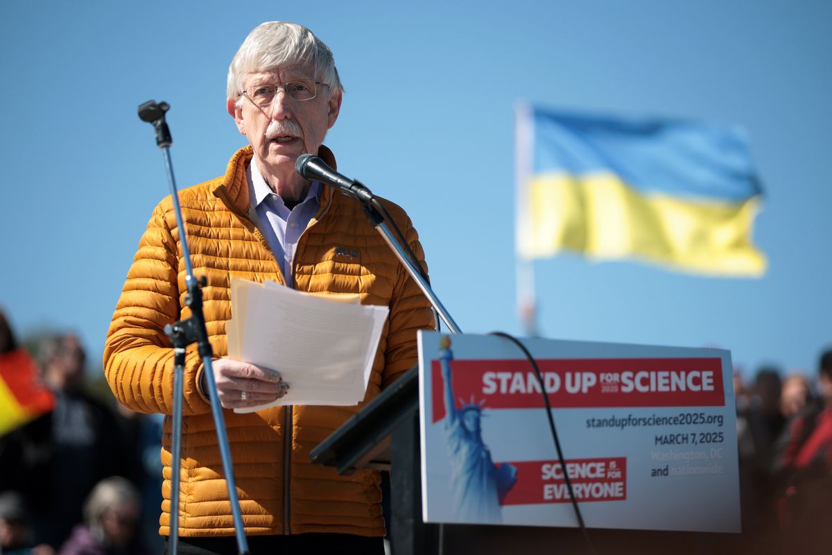 Former Director of the National Institutes of Health Francis Collins speaks during the Stand Up for Science 2025 rally at the Lincoln Memorial on March 7, in Washington, D.C. Stand Up for Science, a grassroots organization, held the rally calling on “policymakers, institutions and the scientific community to uphold the integrity of science, protect its accessibility and ensure its benefits serve all people.” Collins will be speaking next month at the Whitworth University’s President’s Leadership Forum.  (Photo by Alex Wong/Getty Images)