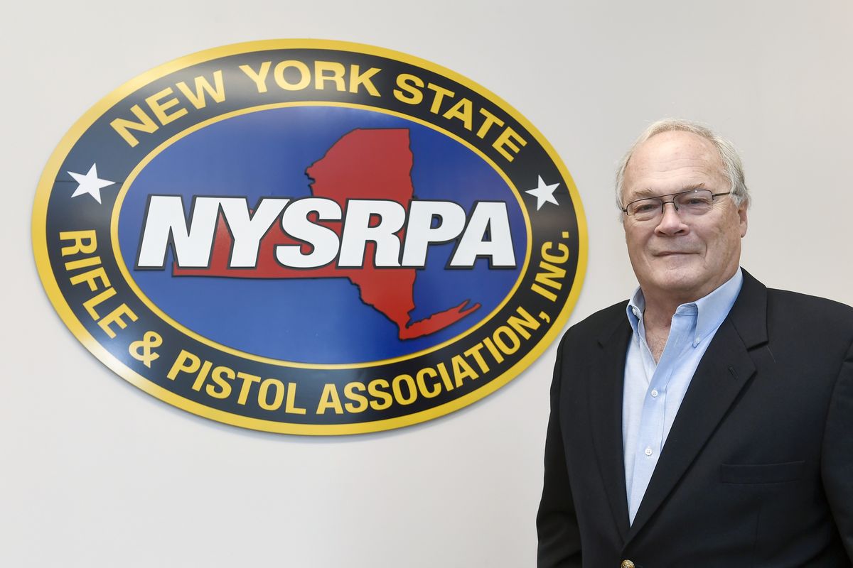 FILE- New York State Rifle & Pistol Association president Tom King poses for a photo Oct. 28, 2021, in East Greenbush, N.Y. The Supreme Court is set to hear arguments Wednesday, Nov. 3, in a gun rights case that centers on New York’s restrictive gun permit law and whether limits the state has placed on carrying a gun in public violate the Second Amendment. Gun rights advocates including the New York State Rifle & Pistol Association and two private citizens are challenging the law.  (Hans Pennink)