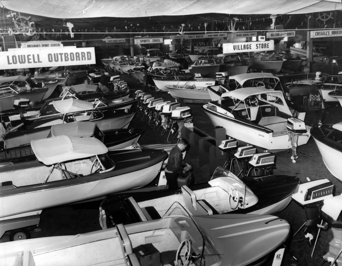 1959: The Spokane Boat Show, sponsored by the Spokane Outboard Club, opened Feb. 11 at the  fairgrounds exhibition building. Dealers displayed  about 130 boats. (SPOKESMAN-REVIEW PHOTO ARCHIVE / SR)
