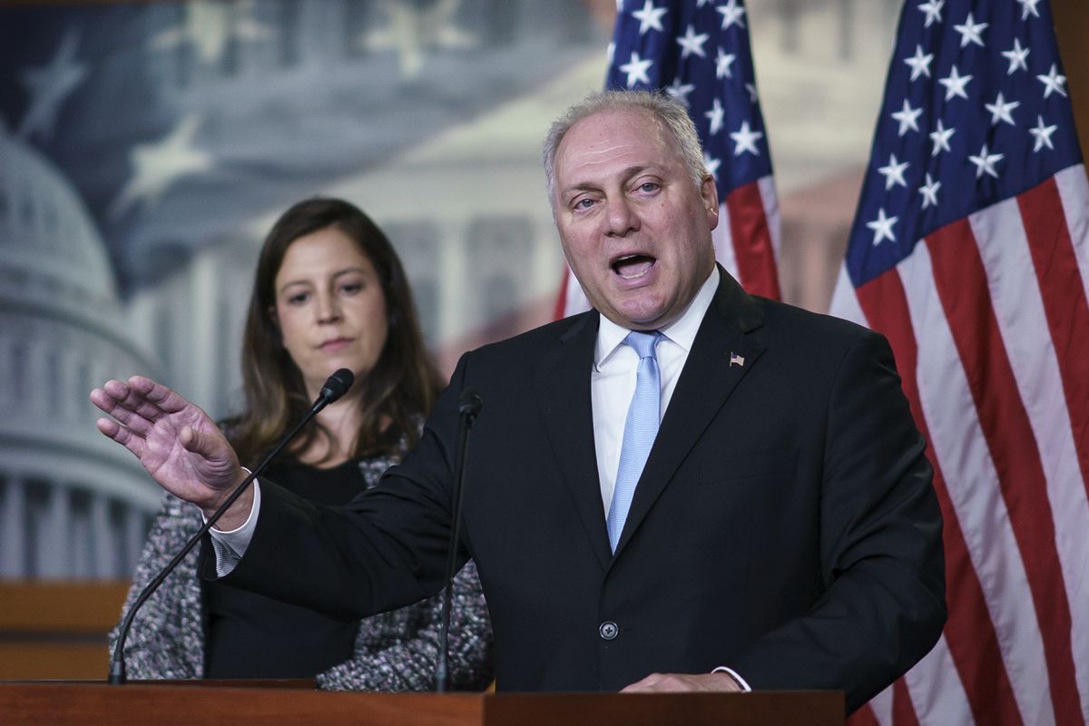 House Minority Whip Steve Scalise, R-La., joined at left by Republican Conference Chair Elise Stefanik, R-N.Y., speaks during a news conference at the Capitol in Washington, Tuesday, June 29, 2021. Scalise won