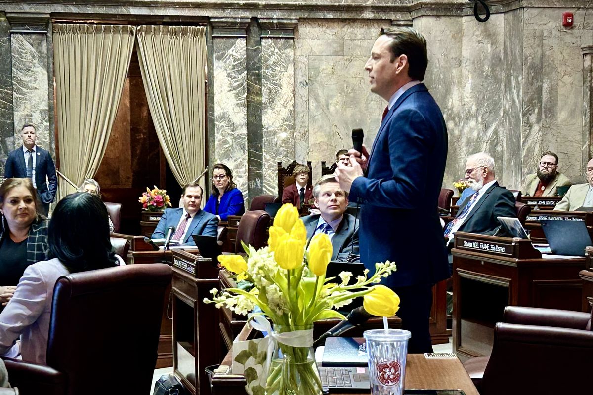 Washington state Senate Majority Leader Andy Billig, D-Spokane, gives a farewell speech in the state Capitol in Olympia on Thursday, March 7, 2024. Billig, who has represented Spokane in the state Legislature since 2010, announced this week he will not run for re-election later this year.  (Ellen Dennis / The Spokesman-Review)