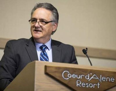 Coeur d’Alene Mayor Steve Widmyer gives his annual State of the City address at the Chamber of Commerce Upbeat Breakfast at The Coeur d’Alene Resort on Tuesday. (Loren Benoit/Coeur d'Alene Press)