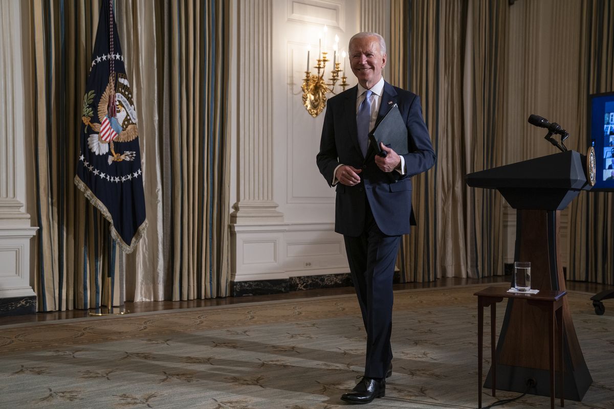 President Joe Biden leaves Wednesday after attending a virtual swearing in ceremony of political appointees from the State Dining Room of the White House in Washington, D.C.  (Evan Vucci)