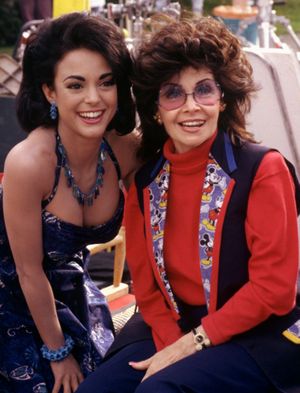In this 1995 photo, actresses Annette Funicello, right, and Eva LaRue are seen together during the filming of the CBS-TV movie "A Dream is a Wish Your Heart Makes," which spans Funicello's three-plus decades in show business. Funicello portrays herself in scenes depicting her struggle with multiple sclerosis, a degenerative nerve disease she had lived with since 1987. Funicello died Monday at age 70.  (C. Helcermanas-Benge / CBS-TV)