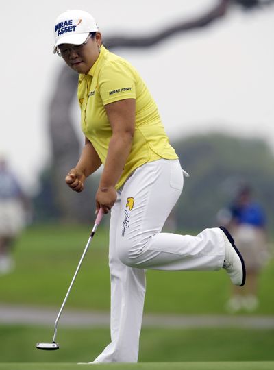 Jiyai Shin celebrates making birdie on the second green in the second round of the Samsung World Championship.  (Associated Press / The Spokesman-Review)