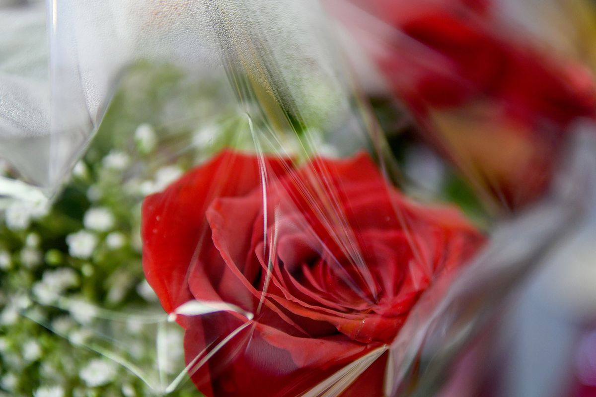 Roses are wraped and ready for delivery at Peters and Sons on Friday, Feb. 12, 2021.  (Kathy Plonka/The Spokesman-Review)