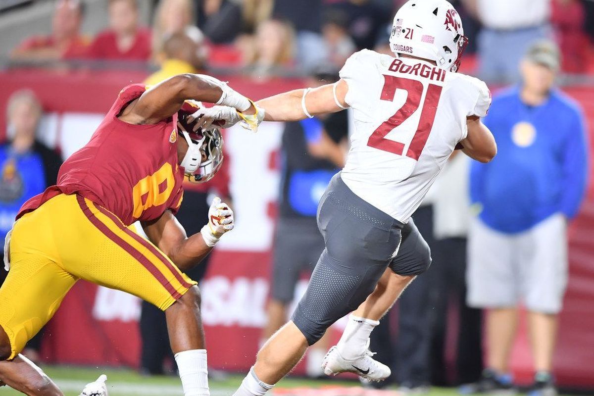 Washington State Cougars running back Max Borghi (21) runs the ball in for a touchdown during the second half of a college football game on Friday, September 21, 2018, at LA Memorial Coliseum in Los Angeles, Calif. USC won the game 39-36.  (Tyler Tjomsland / The Spokesman-Review)