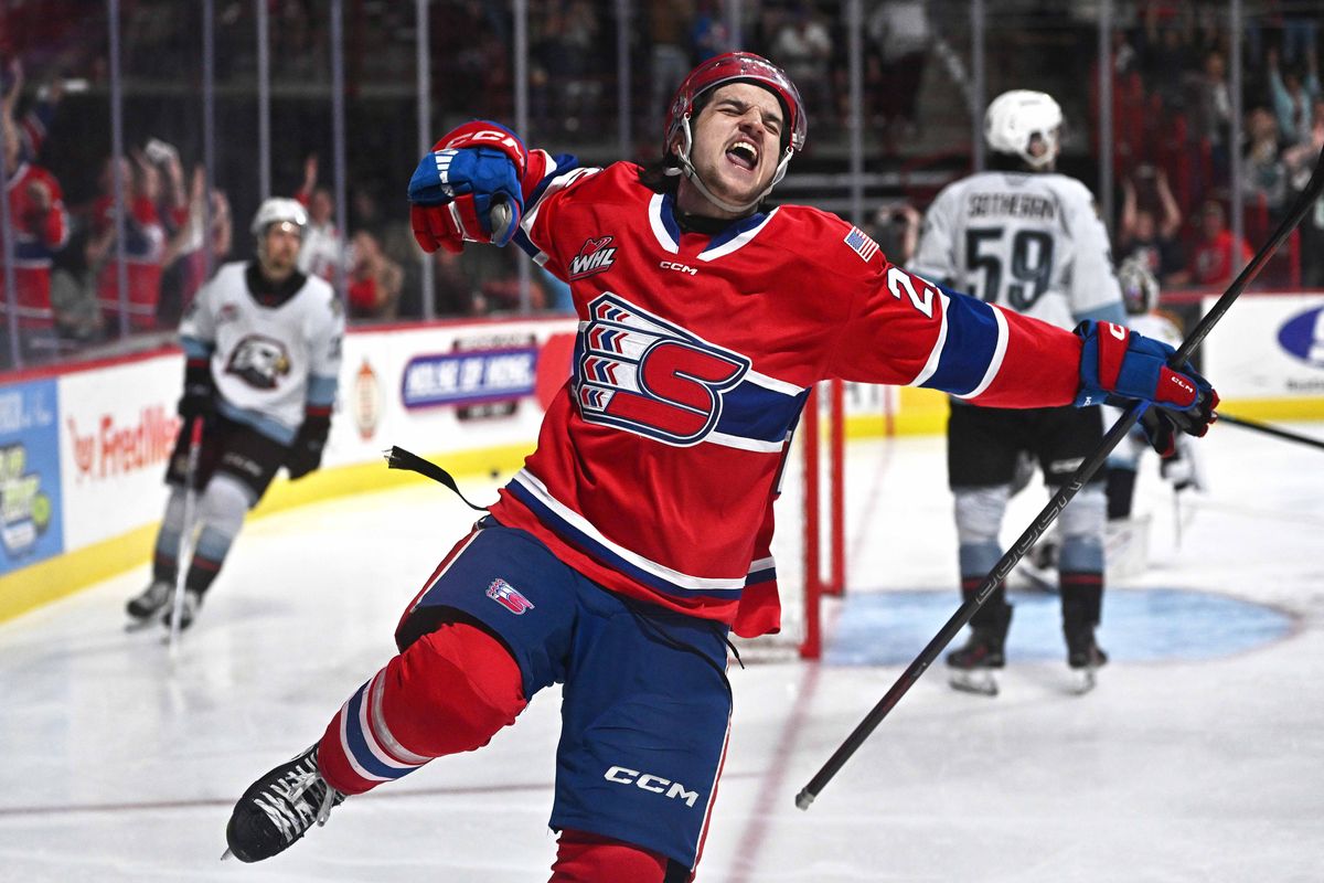 Spokane Chiefs left wing Chase Harrington (26) celebrates his goal in the first overtime against the Portland Winterhawks during the Western Conference finals on Sunday, April. 27, 2025 at Spokane Arena in Spokane WA. (James Snook)