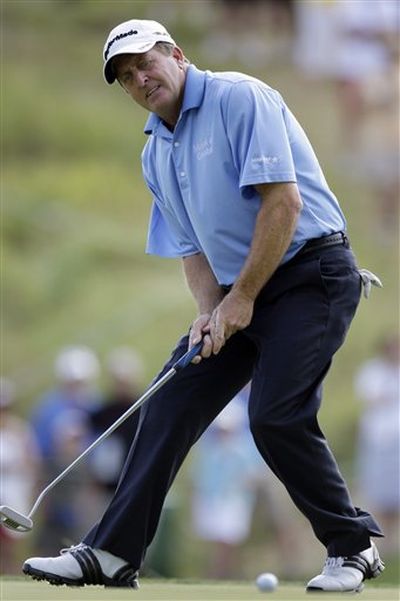 Fred Funk reacts as he misses a birdie putt on the 16th hole during the final round of the U.S. Senior Open golf tournament in Carmel, Ind., Sunday, Aug. 2, 2009. Funk won the event at 20-under-par.  (Michael Conroy / Associated Press)