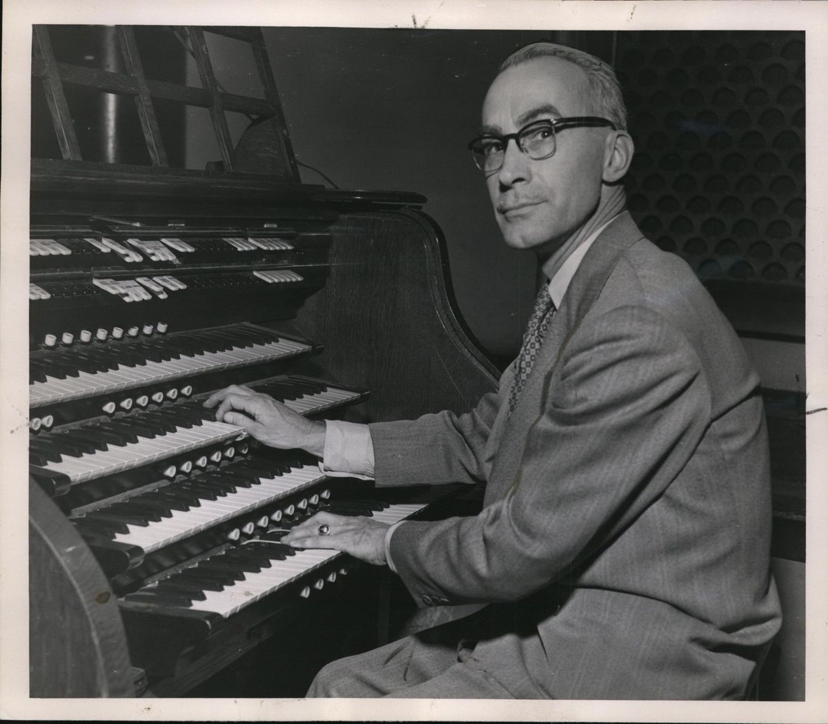 George Scott, associate professor of music at Washington State College, is seated at the console of the pipe organ at Lewis and Clark High School on on May 6, 1953. He played background music for “Panorama Musicale,” a historical pageant to be presented during the Greater Spokane Music Festival. (Archive/The Spokesman-Review)