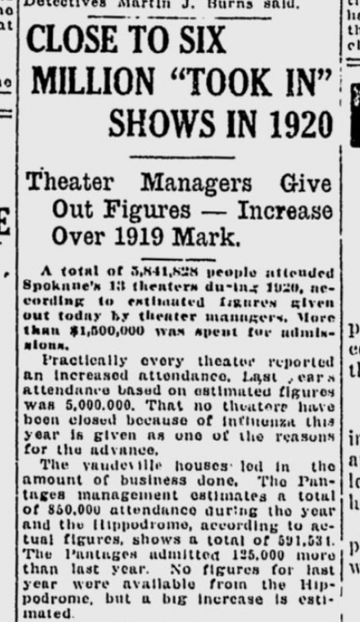 Theater owners citywide reported attendance had jumped significantly in 1920, following closures caused by the 1919 flu pandemic. (S-R archives)