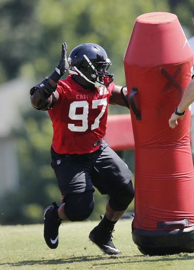 Atlanta Falcons defensive tackle Grady Jarrett (97) works on his pass rushing skills during NFL football minicamp, Thursday, June 15, 2017, in Flowery Branch, Ga. Jarrett, who is the son of former Falcons’ linebacker Jessie Tuggle, had three sacks in the Super Bowl. (John Bazemore / Associated Press)