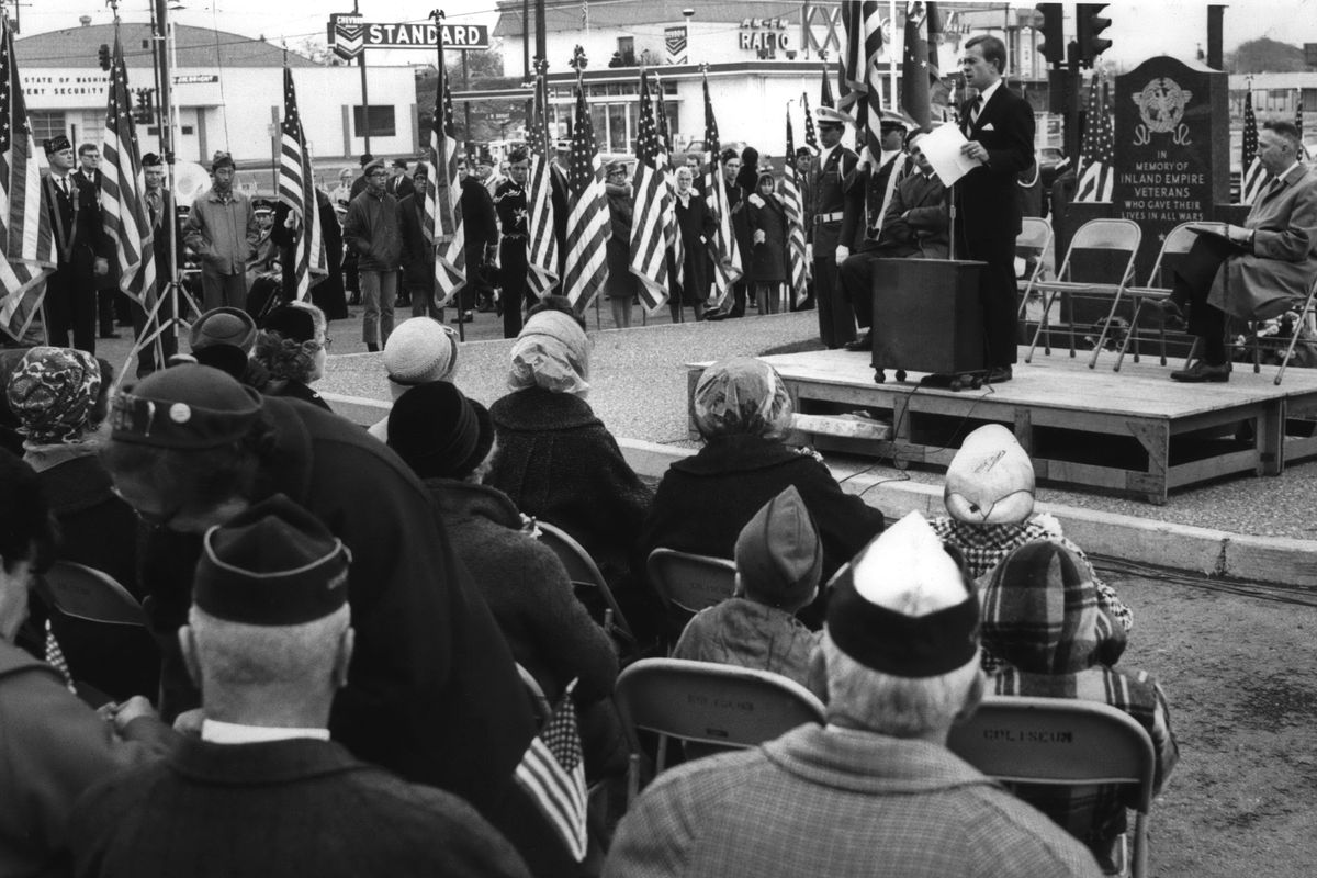 1967: William M. Treadwell, Gonzaga University faculty member, speaks before a large and attentive Veterans Day audience at the Spokane Coliseum cenotaph. The cenotaph was placed in 1966 to replace a structure that had stood at Monroe Street and Main Avenue but was removed in 1952 because it was dilapidated. Treadwell’s talk was a highlight of the local observance, which included a parade from the downtown area. (THE SPOKESMAN-REVIEW PHOTO ARCHIVE)