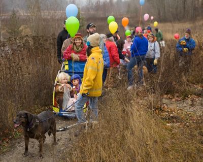 Volunteers with the Panhandle Animal Shelter participate in the 3-mile trek from the old shelter in Sandpoint to the new, 27,000-square-foot facility in Ponderay. Courtesy of Diana Dawson (Courtesy of Diana Dawson / The Spokesman-Review)