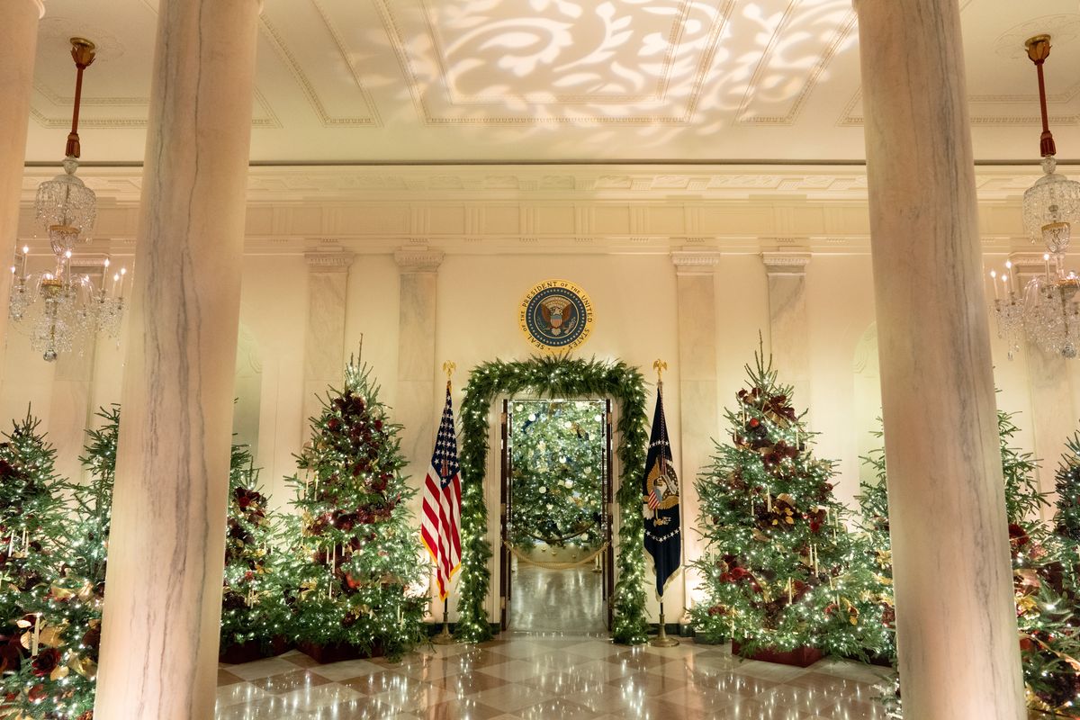 Christmas decorations are seen in the Cross Hall during a press tour on December 1, 2025 at the White House.   (Peter W. Stevenson/The Washington Post)