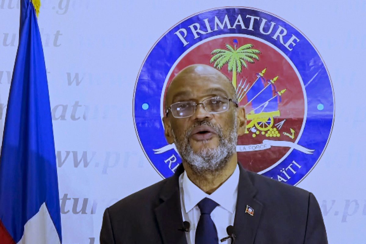 In this photo taken from video, Ariel Henry, Prime Minister of Haiti, remotely addresses the 76th session of the United Nations General Assembly in a pre-recorded message, Saturday Sept. 25, 2021 at UN headquarters.  (United Nations)