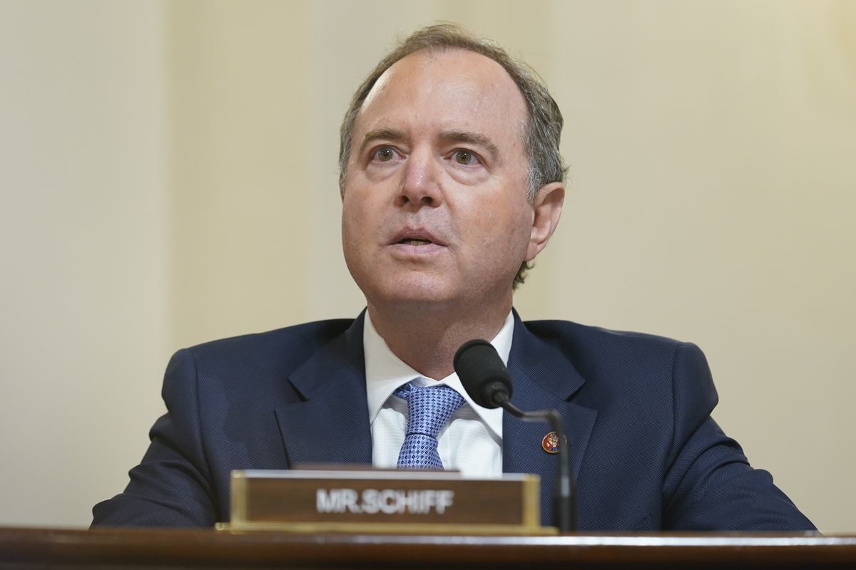 In this July 27, 2021 photo, Rep. Adam Schiff, D-Calif., questions witnesses during the House select committee hearing on the Jan. 6 attack on Capitol Hill in Washington. Schiff, who rose to national prominence leading the first President Donald Trump impeachment and probing Russian election interference, sees nothing less that democracy at stake with the former president