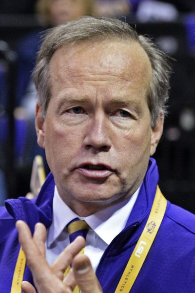 FILE - In this Tuesday, Jan. 26, 2016, file photo, then-LSU President F. King Alexander is shown before an NCAA college basketball game against Georgia in Baton Rouge, La. Parents of former Oregon State volleyball players urged the school’s trustees to consider president F. King Alexander’s handling of abuse allegations in that program while they’re discussing his future because of unrelated cases while he was at LSU. An independent investigation at that school found a “serious institutional failure” in LSU’s handling of Title IX cases during Alexander’s tenure there, which ended in 2019.  (HILARY SCHEINUK)