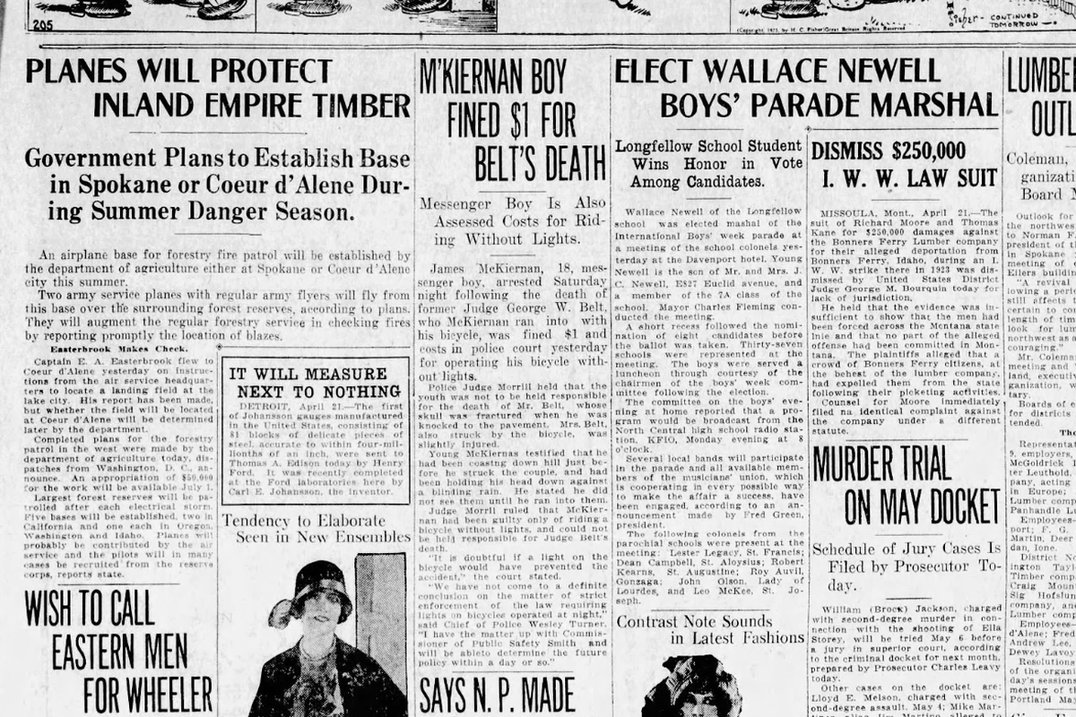 A judge fined James McKiernan $1 and costs for operating his bicycle without lights, but determined that he could not be held responsible for the death of former judge George Belt, who died after McKiernan struck him while riding his bicycle, the Spokane Daily Chronicle reported on April 22, 1925.  (Spokesman-Review archives)