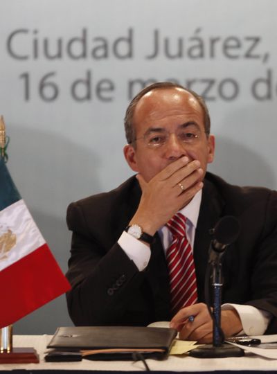 Mexico’s President Felipe Calderon gestures during a press conference in Ciudad Juarez, Mexico, on Tuesday.  (Associated Press)