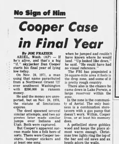 On this day in 1975, D.B. Cooper, known for skyjacking an airplane in southwest Washington and disappearing into the wilderness with thousands of dollars, remains at large.  (Spokane Daily Chronicle Archives)