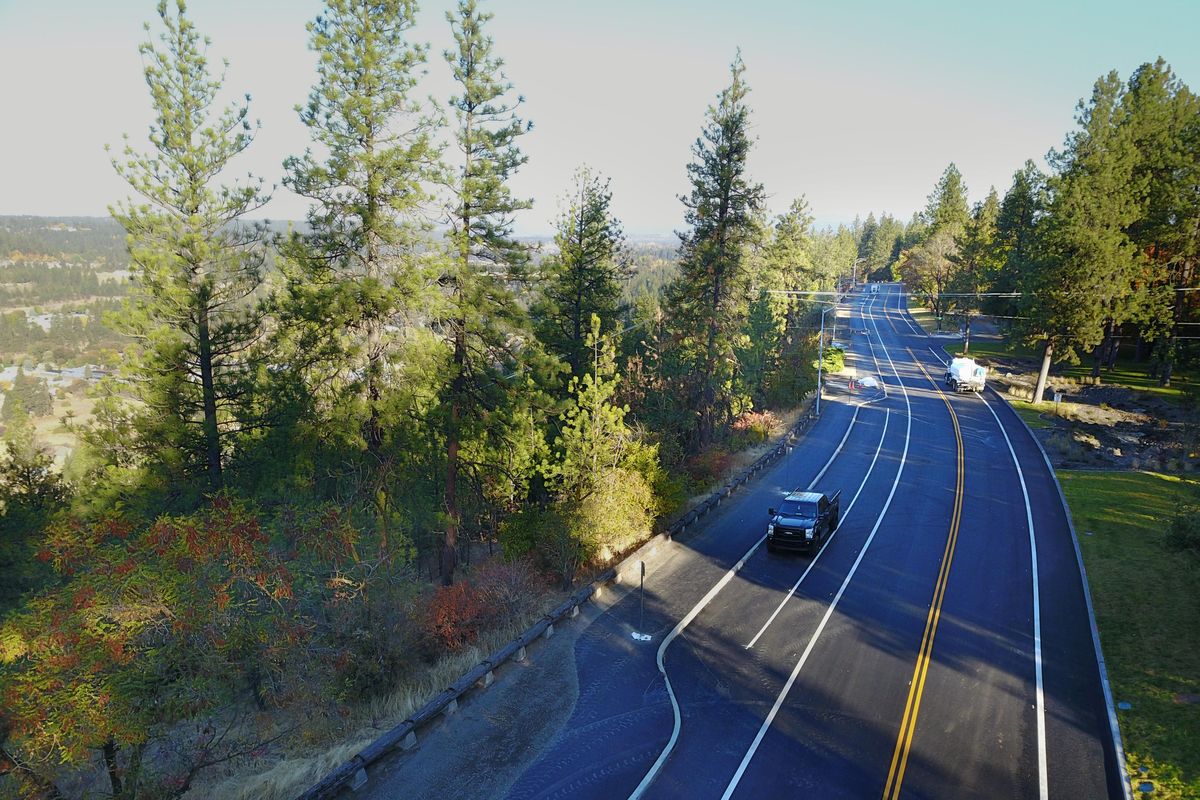 The new pavement and infrastructure are almost complete on High Drive, the scenic road along the bluff on Spokane’s South Hill, shown Friday, Oct. 12, 2018. (Jesse Tinsley / The Spokesman-Review)
