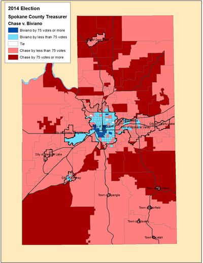 this is a map of the election night totals for the Spokane County treasurer's race. (Jim Camden)