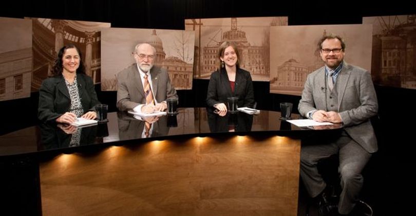 From left, Betsy Russell, Jim Weatherby, Melissa Davlin and host Greg Hahn on the set of 