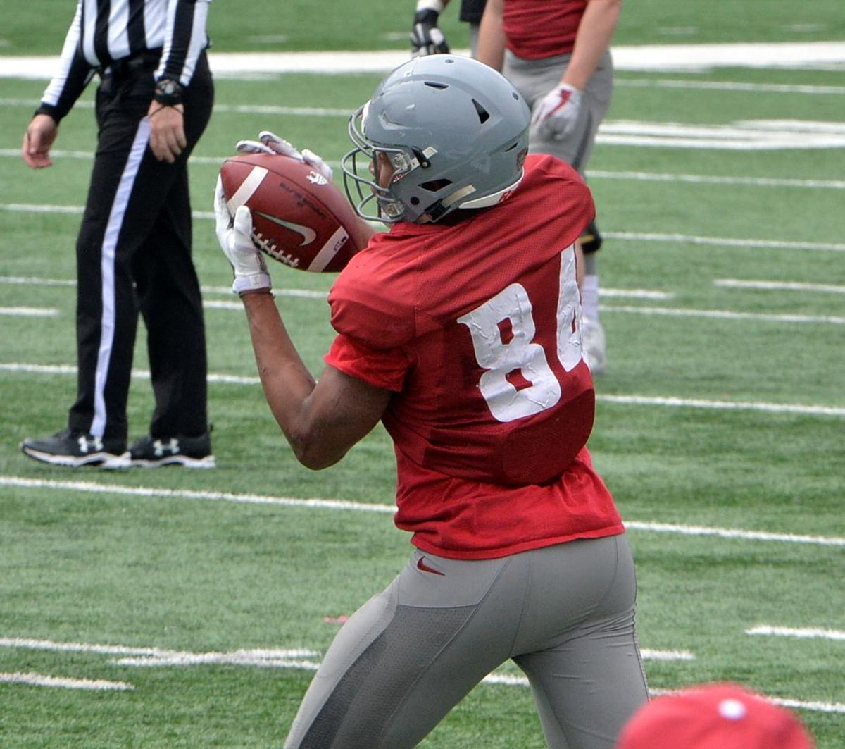 Washington State wide receiver Kassidy Woods makes a catch during a spring practice in Pullman. Woods has moved from outside receiver to inside receiver this spring for the Cougars. (Rod Commons/Courtesy)