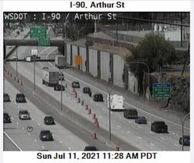 Traffic is seen backed up on westbound Interstate 90 near the Division Street exit Sunday.   (Washington State Department of Transportation)