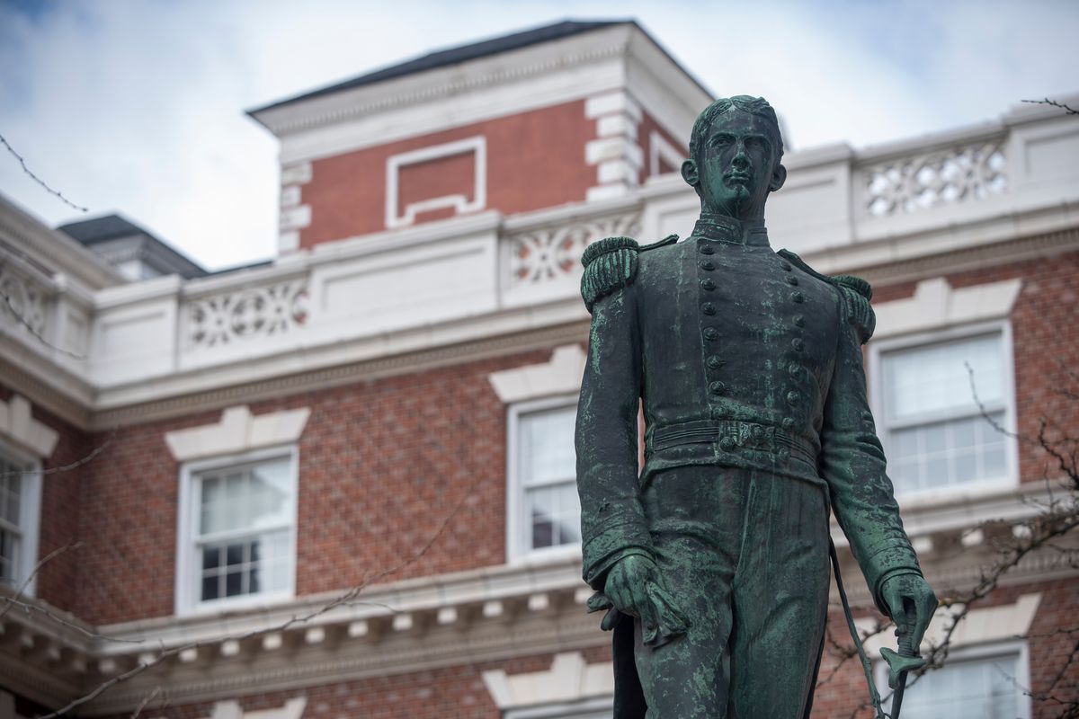 The memorial statue of John Monaghan sits at Monroe Street and Riverside Avenue. The son of one of Spokane’s wealthiest men, James Monaghan, John Monaghan died in 1899 in combat over territory with Indigenous Samoans. (Jesse Tinsley/THE SPOKESMAN-REVIEW)